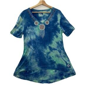 Double D Ranch Top Womens S Blue Tie Dye Tunic Hi-Low Western Retro Hippie Boho